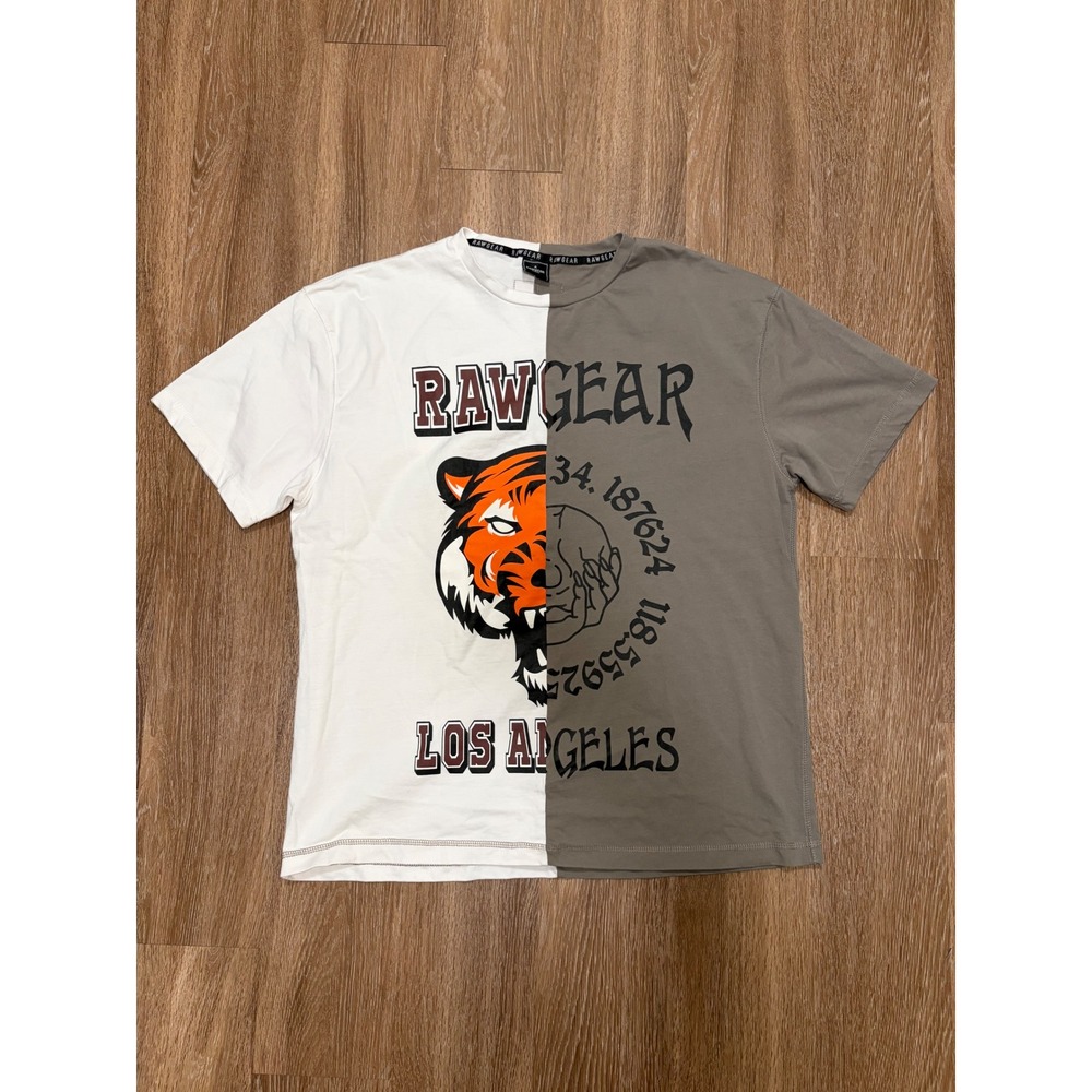 RawGear Mens Split Colorblock Tiger Skull Graphic T-Shirt White Olive Large